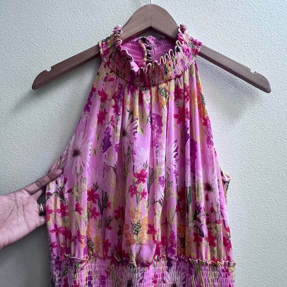 Taylor Chiffon Floral Print Pink Smocked Mock Neck Tiered Maxi Dress Size 10 - Picture 7 of 9